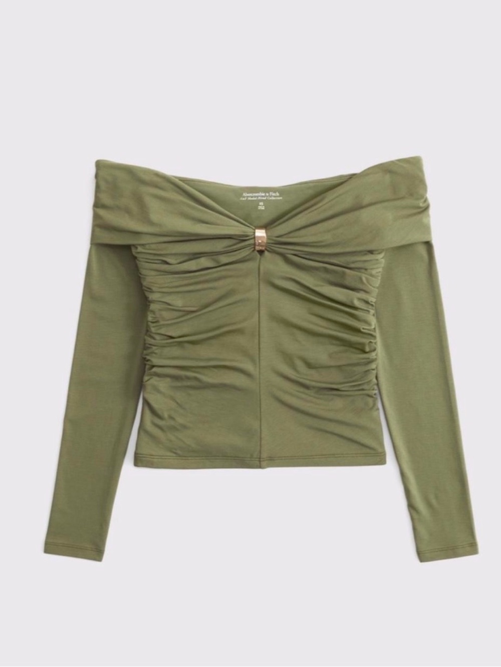 Abercrombie & FitcOff-Shoulder Ruched Long Sleeve Top with Center Accent - Olive